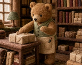 Handmade Felt Bear Figurine, 8cm Wool Teddy Bear Decor, Cute Cozy Office Desk Ornament, Vintage Library Style Gift