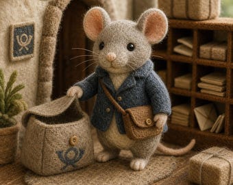 Handmade Felt Mouse Figurine, 8cm Wool Animal Decor, Cute Cottagecore Desk Ornament, Woodland Postman Style Gift