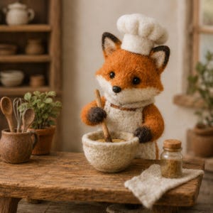 May include: A needle-felted fox figurine wearing a white chef hat and apron, standing at a wooden table while stirring a small bowl with a wooden spoon. The fox has orange fur, black ears, and dark paws, with a small glass spice jar nearby.