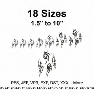 May include: A digital embroidery design file featuring a black tribal graphic in 18 sizes ranging from 1.5 inches to 10 inches. The text reads 18 Sizes 1.5 to 10, PES, JEF, VP3, EXP, DST, XXX, +More, and lists sizes from 1.5, 2, 2.5, 3, 3.5, 4, 4.5, 5, 5.5, 6, 6.5, 7, 7.5, 8, 8.5, 9, 9.5, 10 inches.