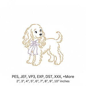 May include: An embroidery design featuring a tan-colored dog with curly fur and a light purple bow around its neck. Below the dog, the text reads: PES, JEF, VP3, EXP, DST, XXX, +More and 2”, 3”, 4”, 5”, 6”, 7”, 8”, 9”, 10” inches.