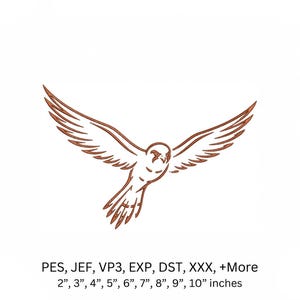 Può includere: Un disegno di ricamo arazzo a linee marroni raffigurante un falco in volo con le ali spiegate. Sotto l'uccello, il testo recita: PES, JEF, VP3, EXP, DST, XXX, +More e 2”, 3”, 4”, 5”, 6”, 7”, 8”, 9”, 10” inches.