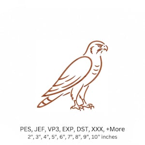 Può includere: Un'illustrazione a linee marroni di un falco di profilo. Sotto l'uccello, il testo recita: PES, JEF, VP3, EXP, DST, XXX, +More e 2”, 3”, 4”, 5”, 6”, 7”, 8”, 9”, 10” inches, indicando i formati di file e le dimensioni disponibili.