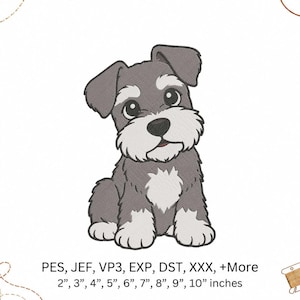 Pode incluir: Um design de bordado de um filhote de Schnauzer cinza e branco com olhos grandes. O texto abaixo diz: PES, JEF, VP3, EXP, DST, XXX, +More, 2”, 3”, 4”, 5”, 6”, 7”, 8”, 9”, 10” inches. O design apresenta um cão em estilo de desenho.
