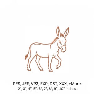 Op de afbeelding: Een koperkleurig lijnkunst borduurontwerp van een ezel die in profiel staat. Onder de ezel staat de tekst: PES, JEF, VP3, EXP, DST, XXX, +More en 2”, 3”, 4”, 5”, 6”, 7”, 8”, 9”, 10” inches.
