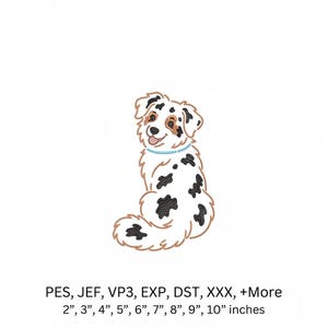 Può includere: Un disegno da ricamo di un cane bianco con macchie nere e segni marroni intorno agli occhi, che indossa un collare azzurro. Il testo sottostante recita: PES, JEF, VP3, EXP, DST, XXX, +More e 2”, 3”, 4”, 5”, 6”, 7”, 8”, 9”, 10” inches.