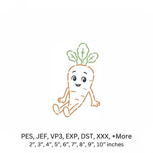 Può includere: Un personaggio carota arancione con una cima a foglie verdi, un volto sorridente, braccia e gambe, reso in uno stile di ricamo a linee tratteggiate. Il testo sottostante recita: PES, JEF, VP3, EXP, DST, XXX, +More e 2”, 3”, 4”, 5”, 6”, 7”, 8”, 9”, 10” inches.