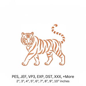 Op de afbeelding: Een oranje tijger borduurontwerp met een lopende tijger met streeppatronen. De tekst hieronder vermeldt de bestandsformaten PES, JEF, VP3, EXP, DST, XXX, +More en de maten 2", 3", 4", 5", 6", 7", 8", 9", 10" inch voor dit borduurbestand.