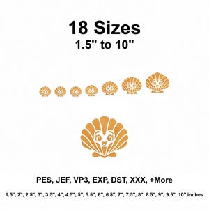 May include: A digital embroidery design featuring a golden shell character with a smiling face. The text reads 18 Sizes 1.5" to 10", PES, JEF, VP3, EXP, DST, XXX, +More, and lists sizes from 1.5" to 10" inches in a clear white background.