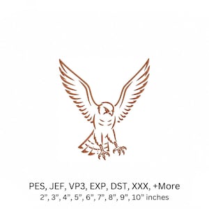 Può includere: Un disegno di aquila ricamata marrone con le ali spiegate in posizione di volo discendente. Sotto l'aquila, il testo recita: PES, JEF, VP3, EXP, DST, XXX, +More e 2”, 3”, 4”, 5”, 6”, 7”, 8”, 9”, 10” inches.