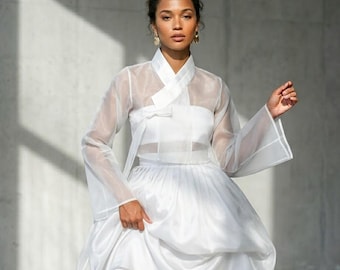 Modern Hanbok Jeogori, Korean Traditional Jacket Top, Women’s Separate Top, Kpop idol world tour, Sheer Hanbok Wide Flare Sleeves