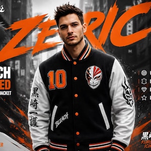 May include: Black varsity bomber jacket with white sleeves, featuring orange accents and a graphic design. The jacket has the number 10 on the chest and the text "BLEACH" on the sleeve. The image also includes the text "BLEACH INSPIRED VARSITY BOMBER JACKET".
