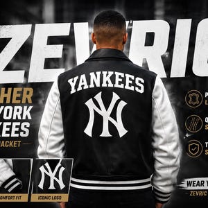 Può includere: Giacca varsity dei New York Yankees in bianco e nero con maniche bianche. La parte posteriore della giacca presenta la scritta "YANKEES" sopra il logo della squadra. L'immagine include anche il testo "LEATHER NEW YORK YANKEES VARSITY JACKET".