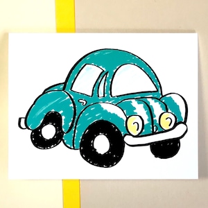 May include: A hand-drawn illustration of a teal blue car with black wheels and yellow headlights. The car is drawn in a simple, cartoon style.