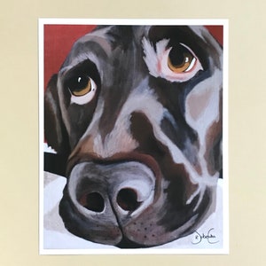 May include: Close-up painting of a brown dog's face. The dog has large, dark eyes and a wet, black nose. The painting is done in a realistic style and has a soft, painterly texture.