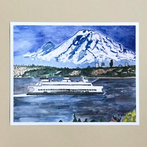 Impression 8 x 10 | Peinture de ferry de Seattle| Tableau panoramique Mont Rainier| Tableau Seattle| Aquarelle du mont Rainier| Aquarelle pittoresque
