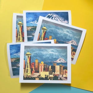 Jeu de 8 cartes| Cartes vierges Seattle| Cartes pour notes Seattle| Cartes de correspondance Mount Rainier| Jeu de cartes Seattle| Cartes vierges aquarelle Seattle
