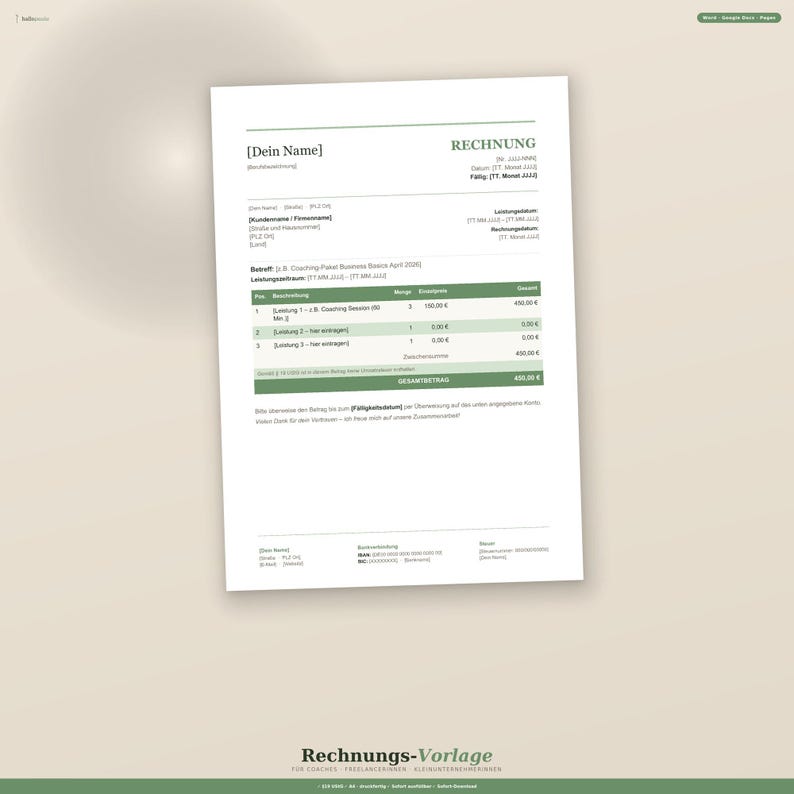 Invoice Template for Small Businesses (word Format) | Sage Grün | §19 ...