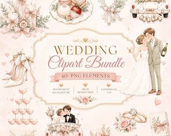 Feminine Wedding Clipart Bundle, Watercolor Bridal Shower Elements (Digital Download), Pastel watercolor wedding