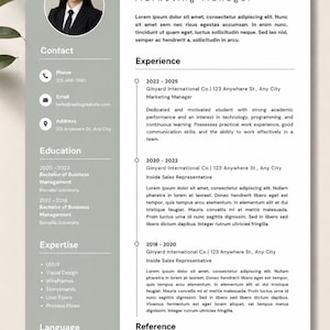 May include: A professional resume template featuring a sage green sidebar and white main section. It includes a circular headshot, sections for contact, education, expertise, languages, experience, and references, with placeholder text throughout.