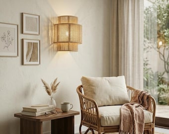 Applique da parete in stile boho in fibre naturali, lampada da parete intrecciata beige, illuminazione decorativa per camera da letto, soggiorno, ingresso.