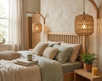 Applique da parete in rattan e legno | Lampada da comodino boho | Lampadario rustico vintage in corda di canapa | Arredamento giapponese per soggiorno/camera da letto