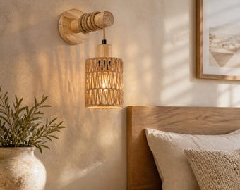 Rotan wandlamp en houten nachtlampje - Vintage verlichting, slaapkamerdecoratie, woonkamerdecoratie, rieten wandlamp, wooncadeau, rotan verlichting