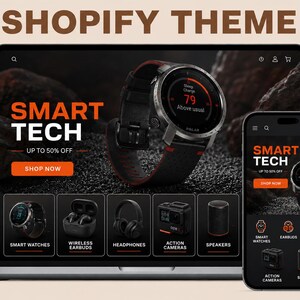 Puede incluir: Un ordenador portátil y un teléfono inteligente que muestran una interfaz web titulada SMART TECH. Las pantallas presentan un reloj inteligente negro con correa de detalles rojos, junto a iconos de relojes, auriculares y altavoces.