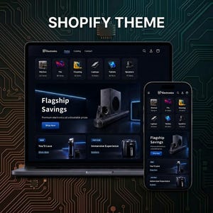 May include: A laptop and a smartphone displaying a dark-themed e-commerce website titled Electronics with the text Shopify Theme at the top. The interface features categories like Kitchen, TVs, and Laptops, with a banner for Flagship Savings.
