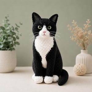 May include: A handcrafted crochet cat figurine featuring black and white yarn. The cat has a black body, a white chest, white paws, and a white face patch. It features green eyes, a pink nose, and long white whiskers extending from the muzzle.