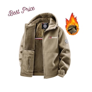May include: A tan fleece-lined zip-up jacket with a hood, featuring a small Norwegian flag emblem on the chest and a circular patch on the sleeve. The interior is lined with thick, soft brown fleece material, and the jacket has a full front zipper.