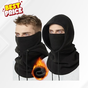 May include: A black fleece balaclava hood with a face mask covering the nose and mouth, featuring a drawstring closure and a soft, thick interior lining. The text BEST PRICE is displayed in the upper left corner of the image.