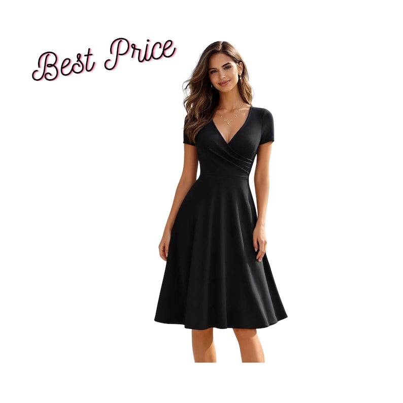 Vestido midi elegante em linha A, vestido casual feminino com decote em V e mangas curtas para festas. Preto