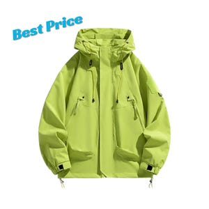 May include: A lime green hooded jacket featuring a front zipper closure with a protective storm flap, two zippered chest pockets, adjustable drawstrings at the hood, and adjustable cuffs. The text Best Price is visible in blue at the top left.