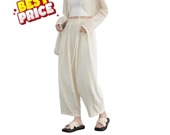 Women high waist wide leg pants elastic pleated casual summer loose fit trousers elegant