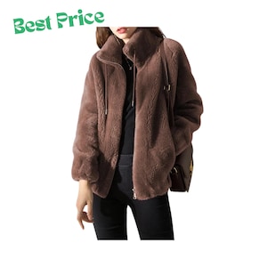 May include: A brown faux fur jacket with a high collar, long sleeves, and a front zipper closure. The jacket features a textured, plush surface and includes a drawstring detail at the neck. The text Best Price is visible in green at the top left.
