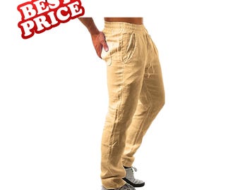Men’s Cotton Linen Elastic Waist Loose Casual Streetwear Pants Lightweight Long Summer Trousers