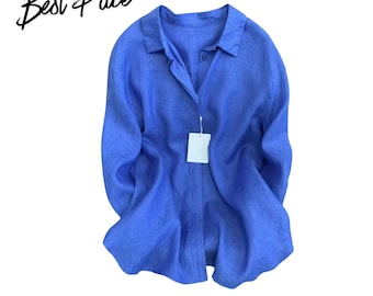 Camisa de mujer de lino, corte holgado, manga larga, con botones, estilo francés informal, blusa de verano.