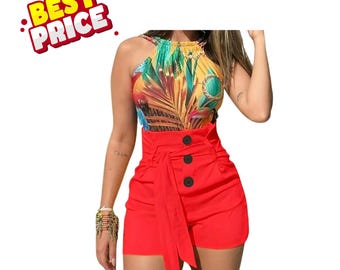 High Waist Tie Shorts with Buttons, Summer Beach Outfit, Women’s Stylish Casual Hot Pants