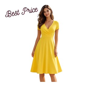 Vestido midi elegante em linha A, vestido casual feminino com decote em V e mangas curtas para festas. Amarelo