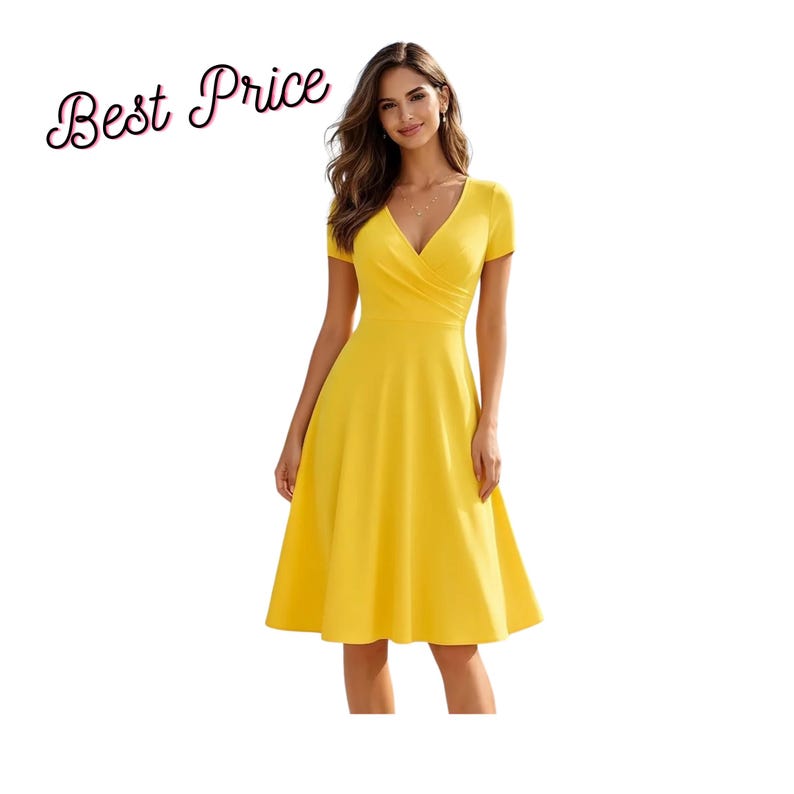 Vestido midi elegante em linha A, vestido casual feminino com decote em V e mangas curtas para festas. Amarelo