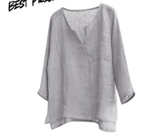 Camicia da donna ampia in cotone e lino con scollo a V, casual, leggera, estiva.