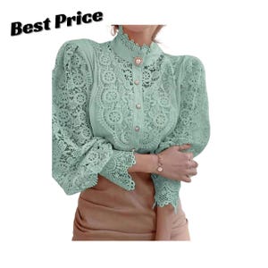 May include: A light green long-sleeve blouse featuring intricate floral lace detailing, a high collar, and a front button placket with pearl-like buttons. The text "Best Price" is visible in the upper left corner of the image.