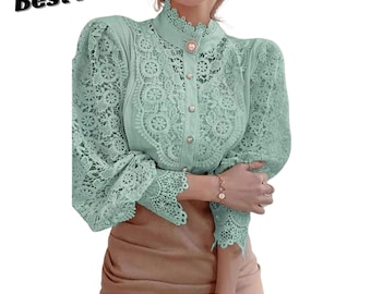 Elegant Lace Panel Women Blouse High Neck Long Sleeve Vintage Fashion Office Top