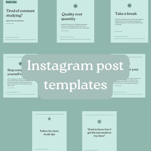 May include: Instagram post templates in light green, offering study tips. The templates feature text like "Tired of constant studying?" and "Take a break". The overall theme is study advice.