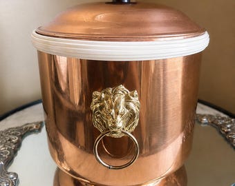 Vintage Copper Ice Bucket with Lion Head Handles • Mid Century Barware • Copper Bar Decor • 1970s Bar Cart Accent • Entertaining, Decorative