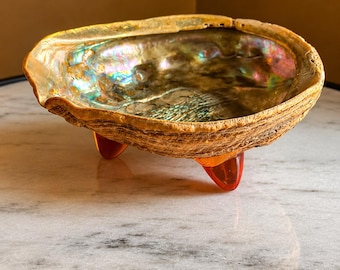 Vintage Abalone Shell Footed Bowl with Lucite Feet • Mid Century Coastal Decor • Rare Iridescent Shell Dish • 1970s Organic Modern Accent