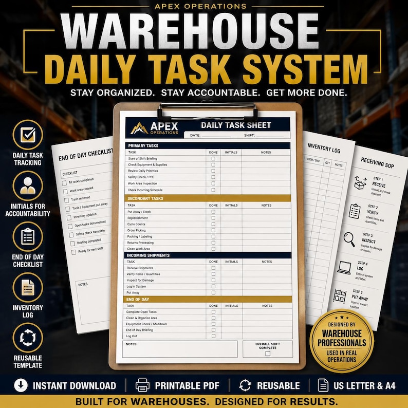Warehouse Daily Task Sheet | Printable Checklist | Employee ...