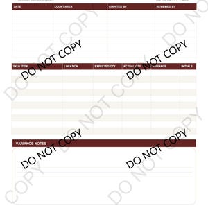 May include: A white inventory count worksheet document with dark red headers and borders. The text reads Velveteen Operations, Inventory Count Worksheet, Vel-Ris-002 v1.1 - Page 8, Date, Count Area, Counted By, Reviewed By, Sku/Item, Location, Expected Qty, Actual Qty, Variance, Initials, and Variance Notes.