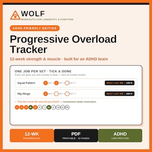 May include: A 12-week Progressive Overload Tracker PDF document for strength and muscle training. The page features a WOLF logo, ADHD-Friendly Edition text, and a tracking table with rows for Squat Pattern and Hip Hinge sets, plus numbered progress circles.